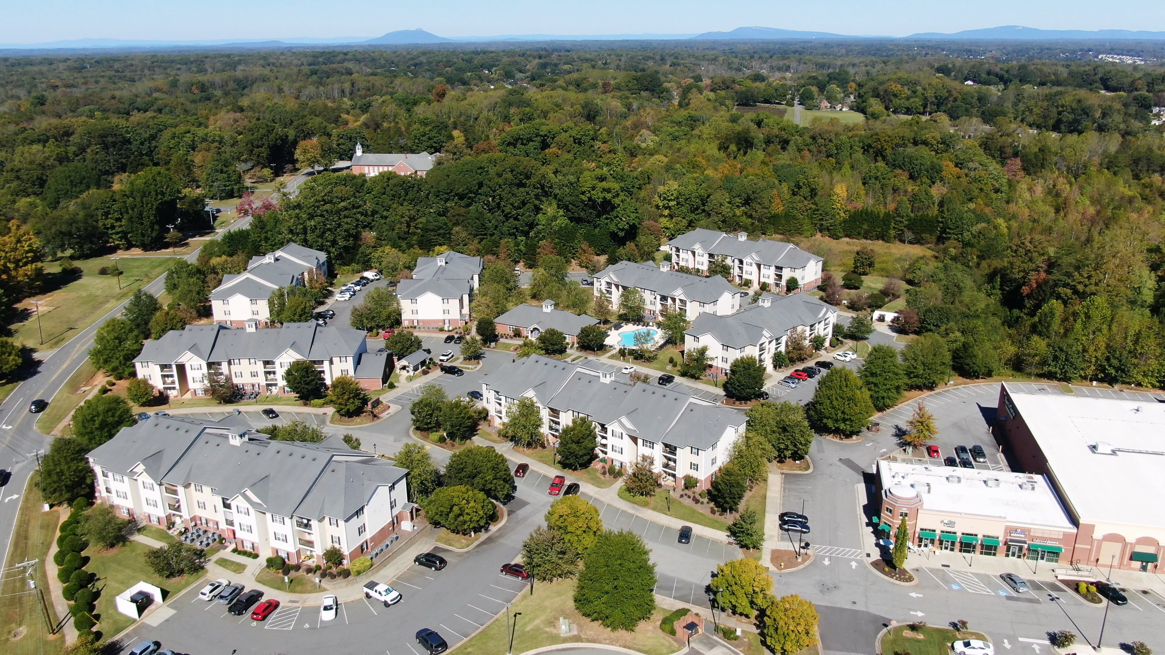 Aerial view of The Pointe at Robinhood Village, the first shot of the drone film of our communities