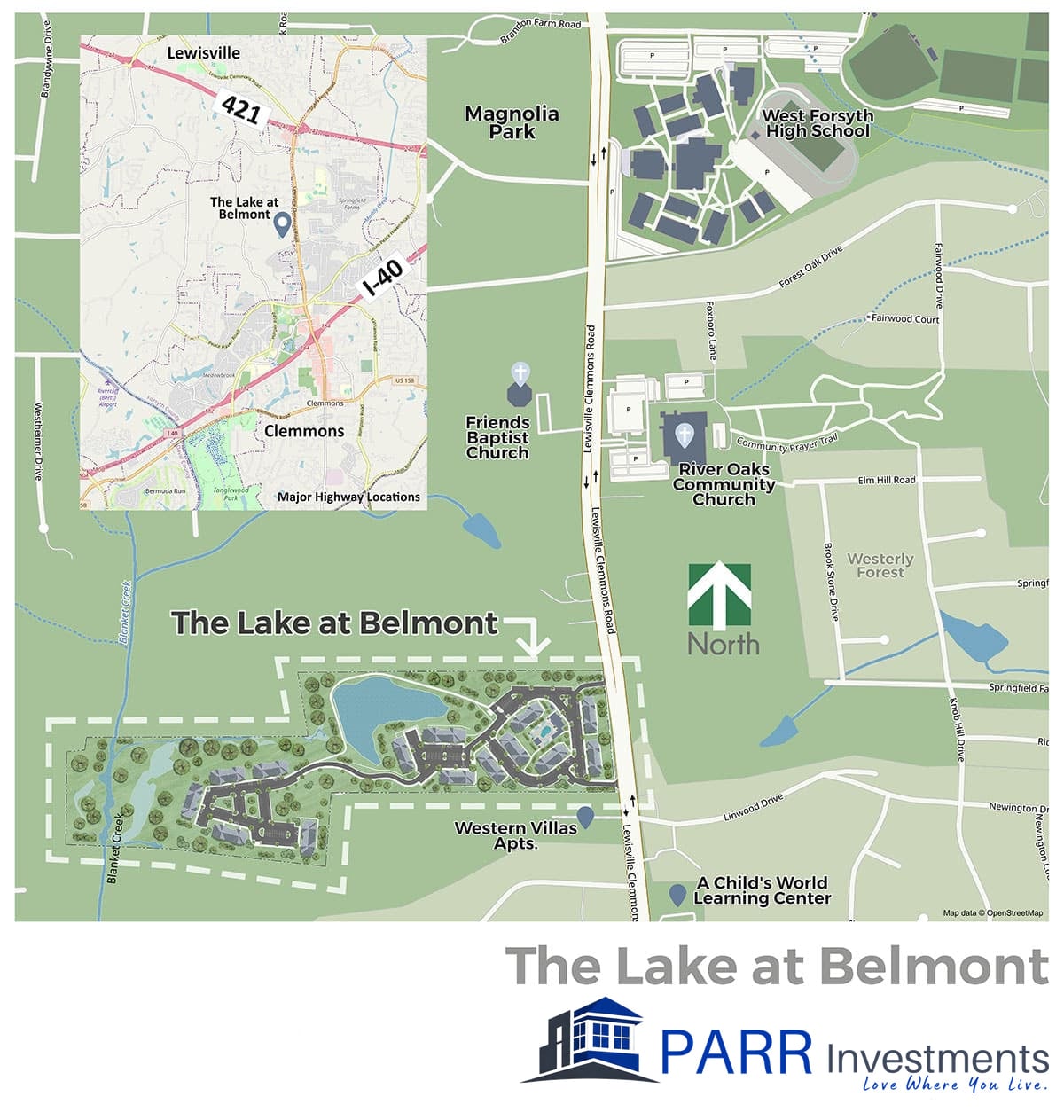 Map of The Lake at Belmont on Lewisville-Clemmons Road in Clemmons, south of West Forsyth High School, with an inset placing it between US 421 and I-40