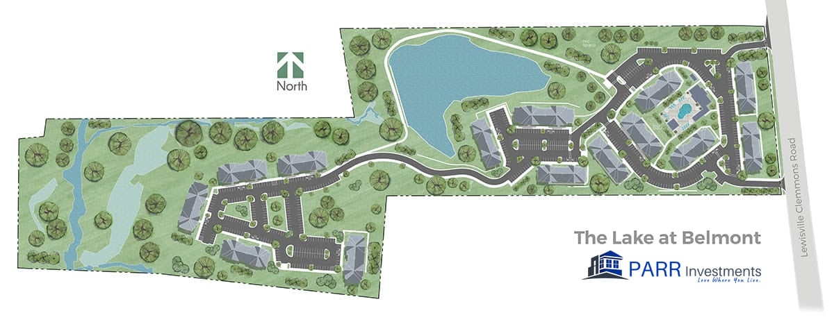 Site plan of The Lake at Belmont: apartment buildings around a spring-fed lake, entered from Lewisville-Clemmons Road