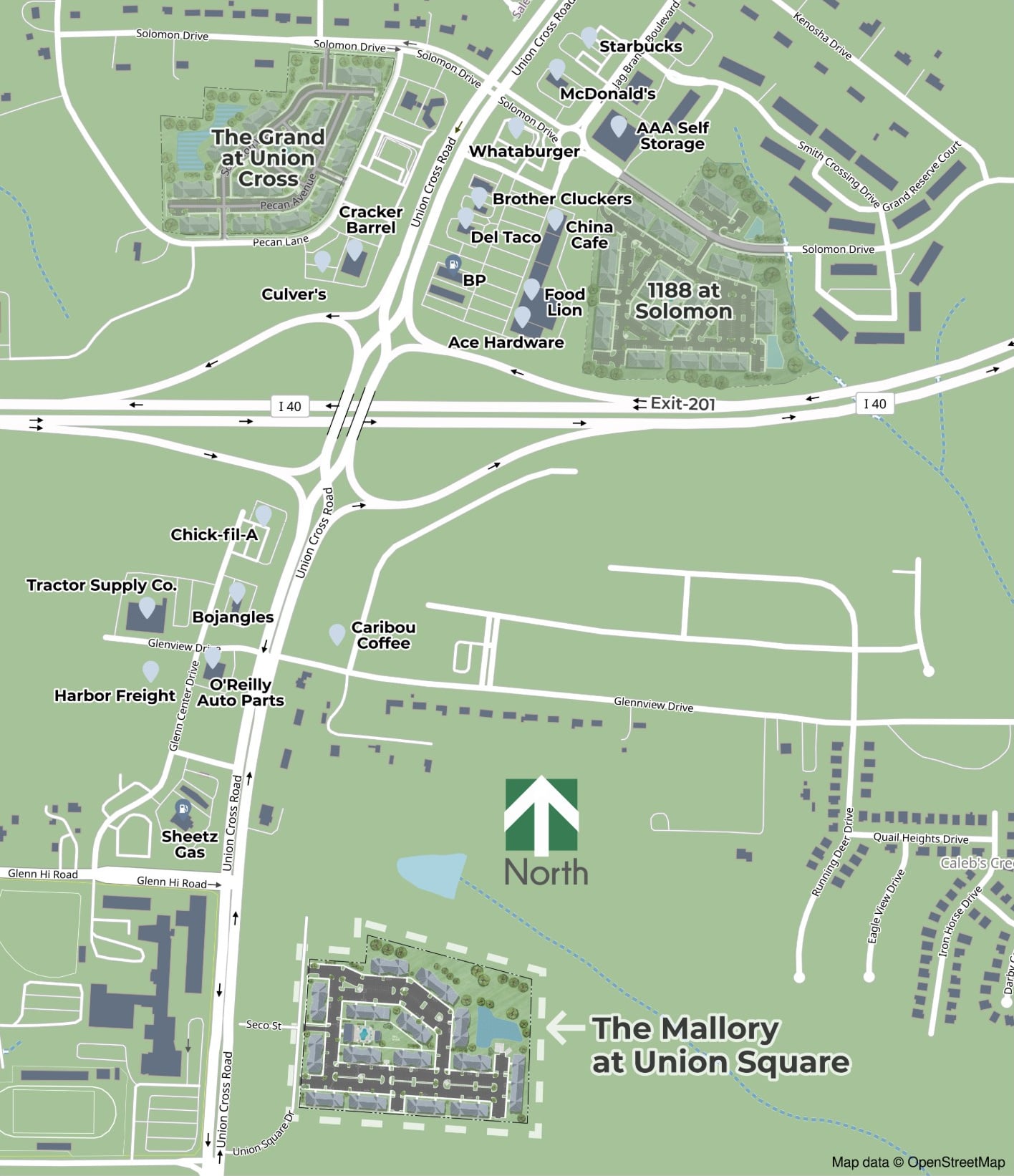Map of The Mallory at Union Square: off Union Cross Road just south of I-40 at Exit 201, near Chick-fil-A, Bojangles and Caribou Coffee, with The Grand at Union Cross and 1188 at Solomon across the interstate